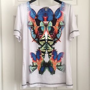 ND Women’s Top White t-shirt Colorful butterfly prints Short sleeves Size L Soft